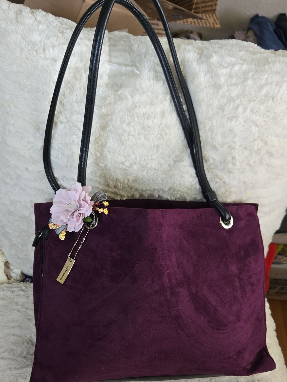 Sag Harbor Plum Suede Shoulder Tote with Floral Charm